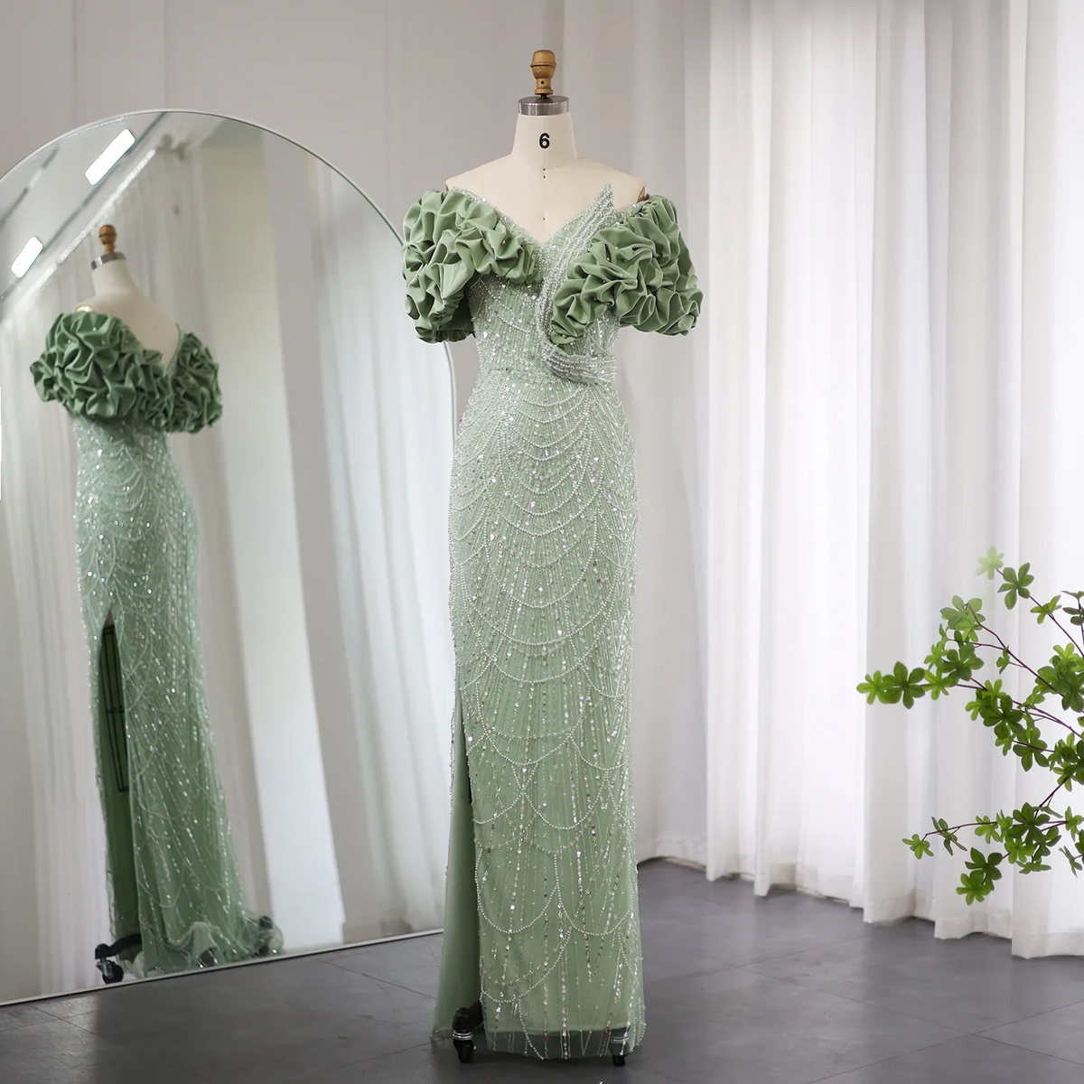 Sharon Said Elegant Off Shoulder Mermaid Sage Green Evening Dresses Luxury Dubai Women Arabic Champagne Wedding Party Gown SS288