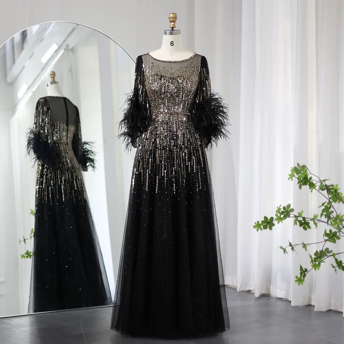 Luxury Feathers Black Half Sleeve Evening Dress SS339 Luxury Feathers Black Half Sleeve Evening Dress SS339