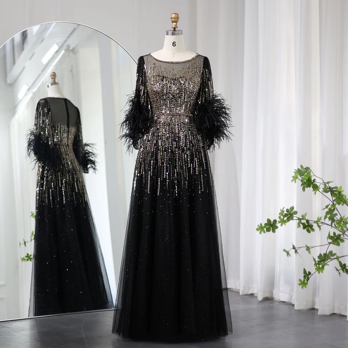 Sharon Said Luxus Federn Schwarz Dubai Abendkleider für Frauen Elegante Fuchsia Arabisch Halbarm Hochzeit Party Kleid SS339