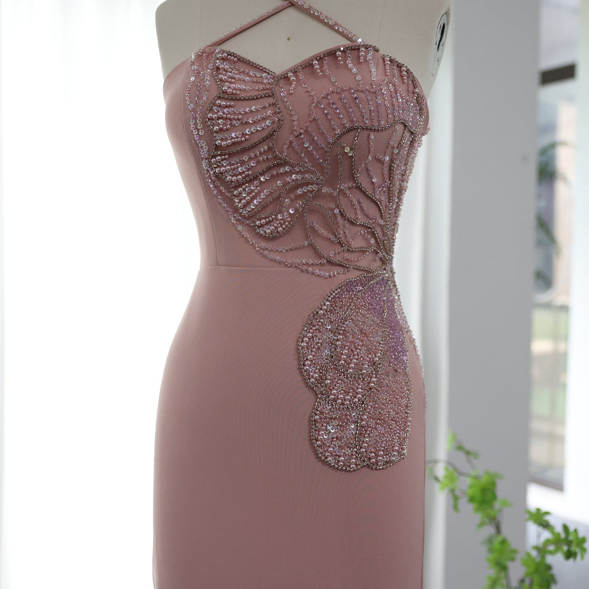 Dreamy Vow Arabic Crisscross Straps Pink Evening Dress 2023 Luxury Butterfly Beaded Slit Dubai Women Wedding Party Gowns 476
