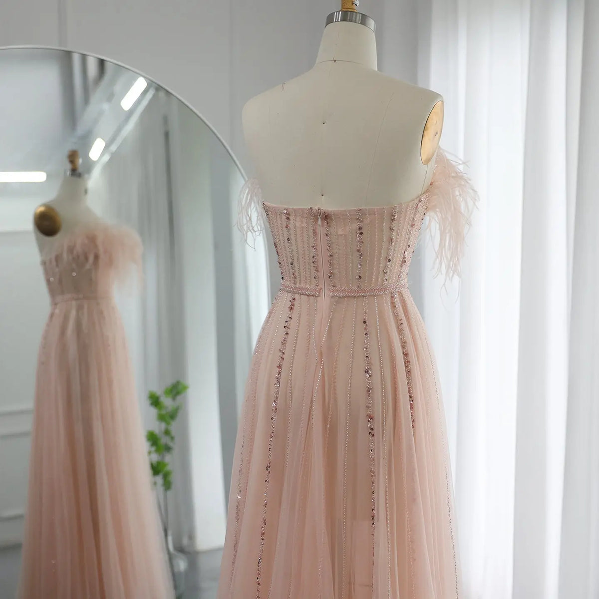 Final Sale Luxury Pink Feathers Strapless Evening Dress SS401 Final Sale Luxury Pink Feathers Strapless Evening Dress SS401