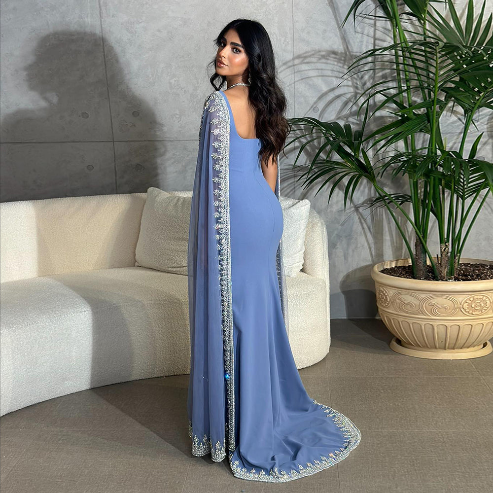 Dreamy Vow Luxury Crystal Blue Mermaid Dubai Evening Dresses with Cape Sleeves Elegant Arabic Women Wedding Party Gowns 445