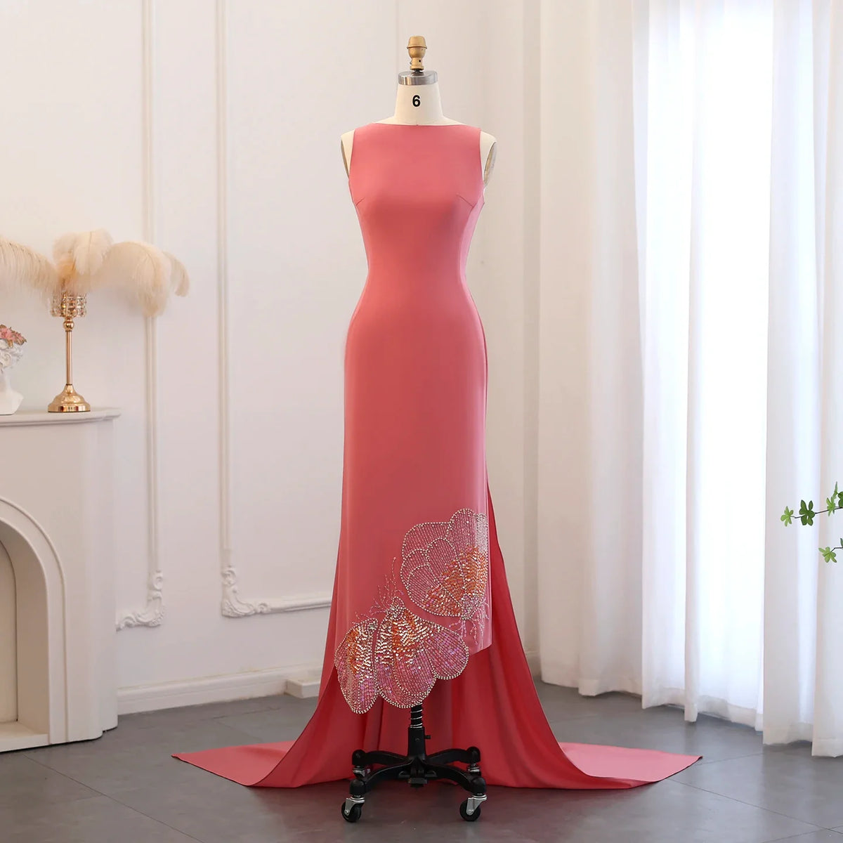Sharon Said Elegant Coral Pink Scalloped Arabic Evening Dress 2024 Luxury Dubai Butterfly Beaded Women Wedding Party Gowns SS471