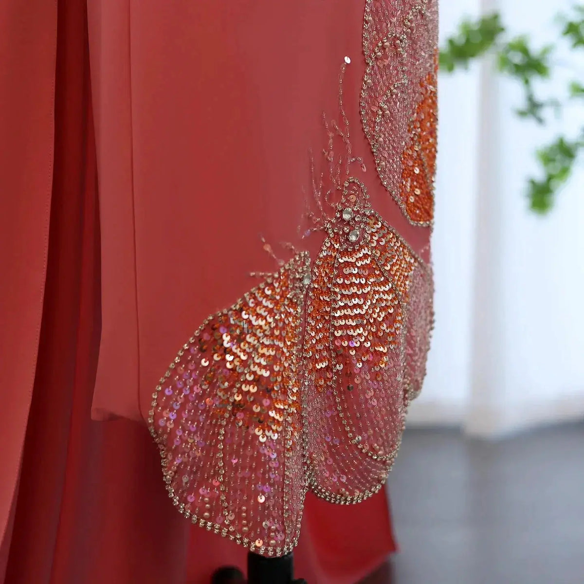 Elegant Coral Pink Butterfly Beaded Evening Dress SS471 - SHARONSAID Elegant Coral Pink Butterfly Beaded Evening Dress SS471 - SHARONSAID