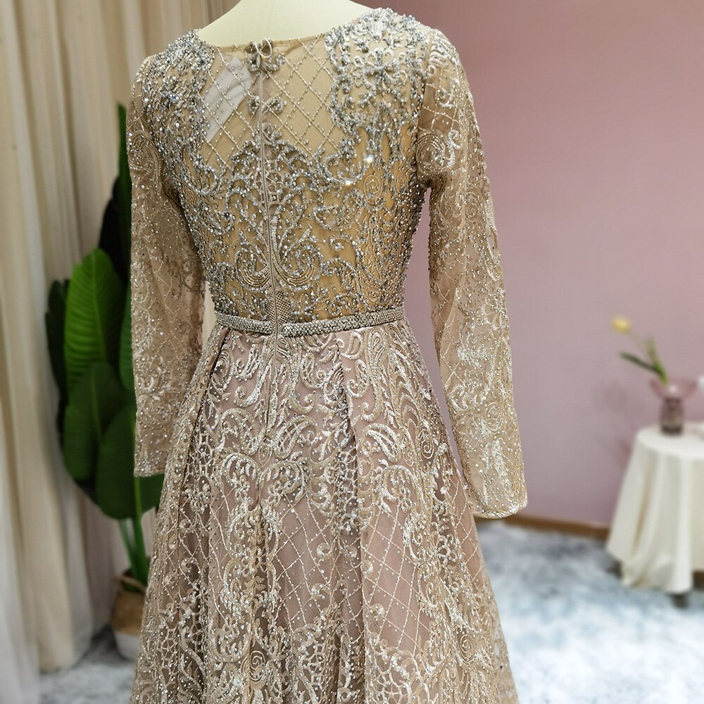 Dreamy Vow Elegant Nude Muslim Evening Dress Long Sleeve Luxury Crystal Dubai Plus Size Women Formal Dresses for Wedding Guest Party 191