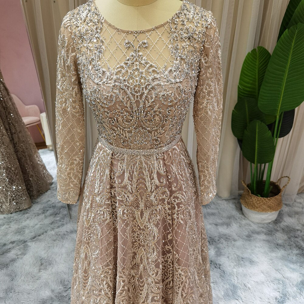 Dreamy Vow Elegant Nude Muslim Evening Dress Long Sleeve Luxury Crystal Dubai Plus Size Women Formal Dresses for Wedding Guest Party 191