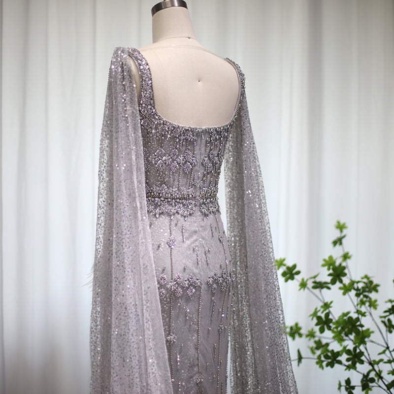 Dreamy Vow Bling Gray Mermaid Arabic Evening Dress with Cape Luxury Feather Dubai Formal Dresses for Women Wedding Party 279