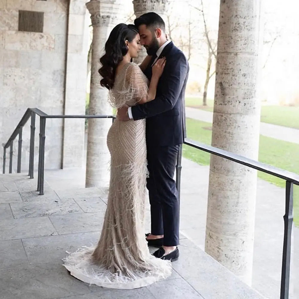 khaki evening dresses Khaki Beaded Lace Prom Dresses Extra Long Sleeve Sheath Evening Dress 22094 Khaki / US2