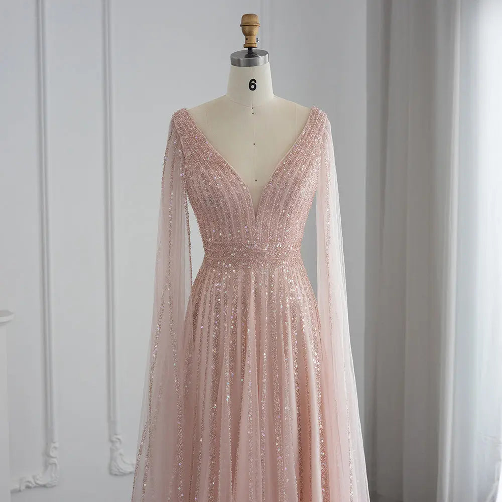 Sharon Said Luxury Nude Dubai Evening Dress with Cape Sleeves SS322 Sharon Said Luxury Nude Dubai Evening Dress with Cape Sleeves SS322