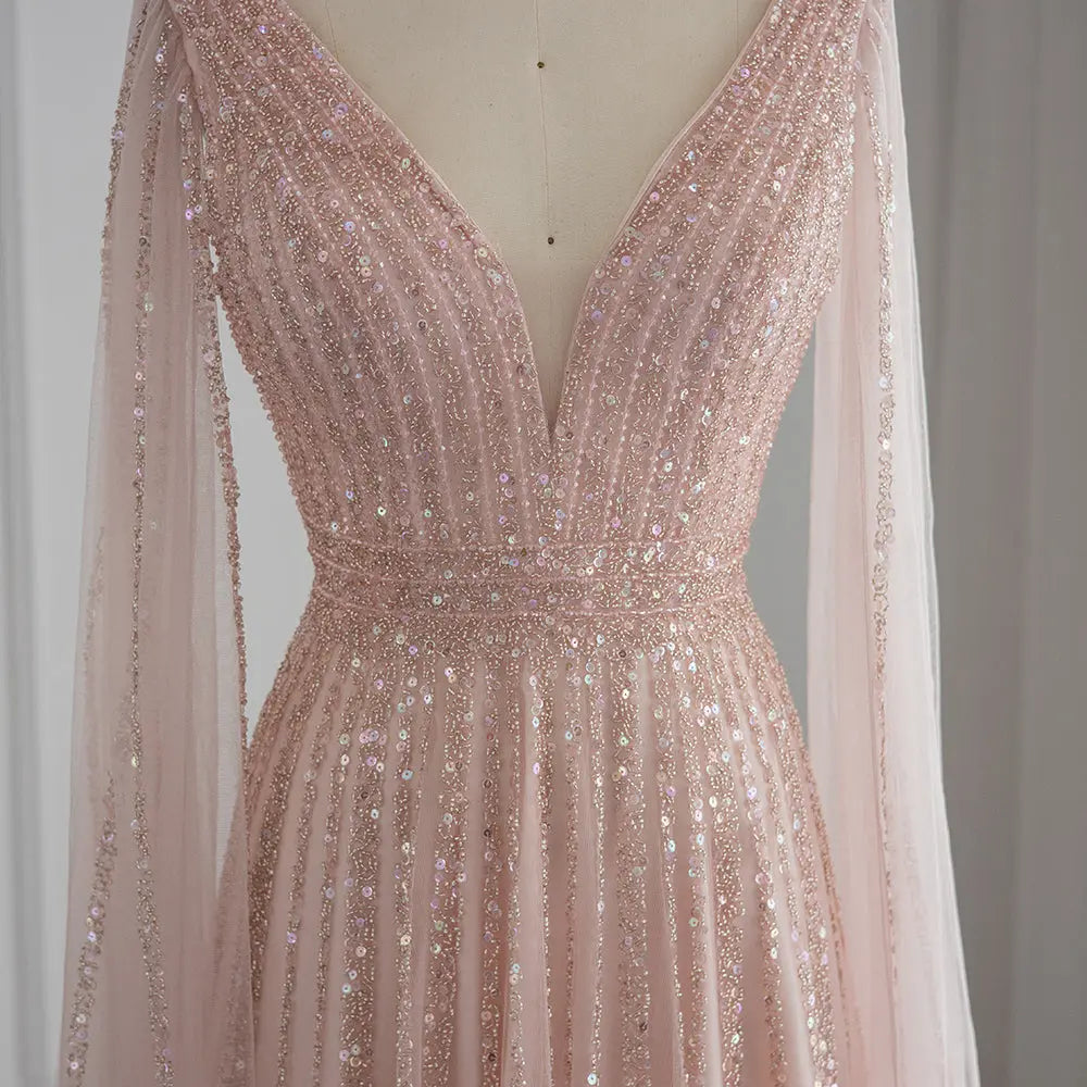 nude formal dresses Sharon Said Luxury Nude Dubai Evening Dress with Cape Sleeves SS322 – SHARONSAID