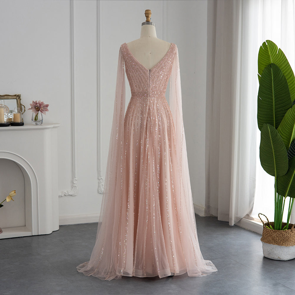 Dreamy Vow Luxury Nude Dubai Evening Dress with Cape Sleeves Blush Pink Arabic Formal Dresses for Women Wedding Party 322