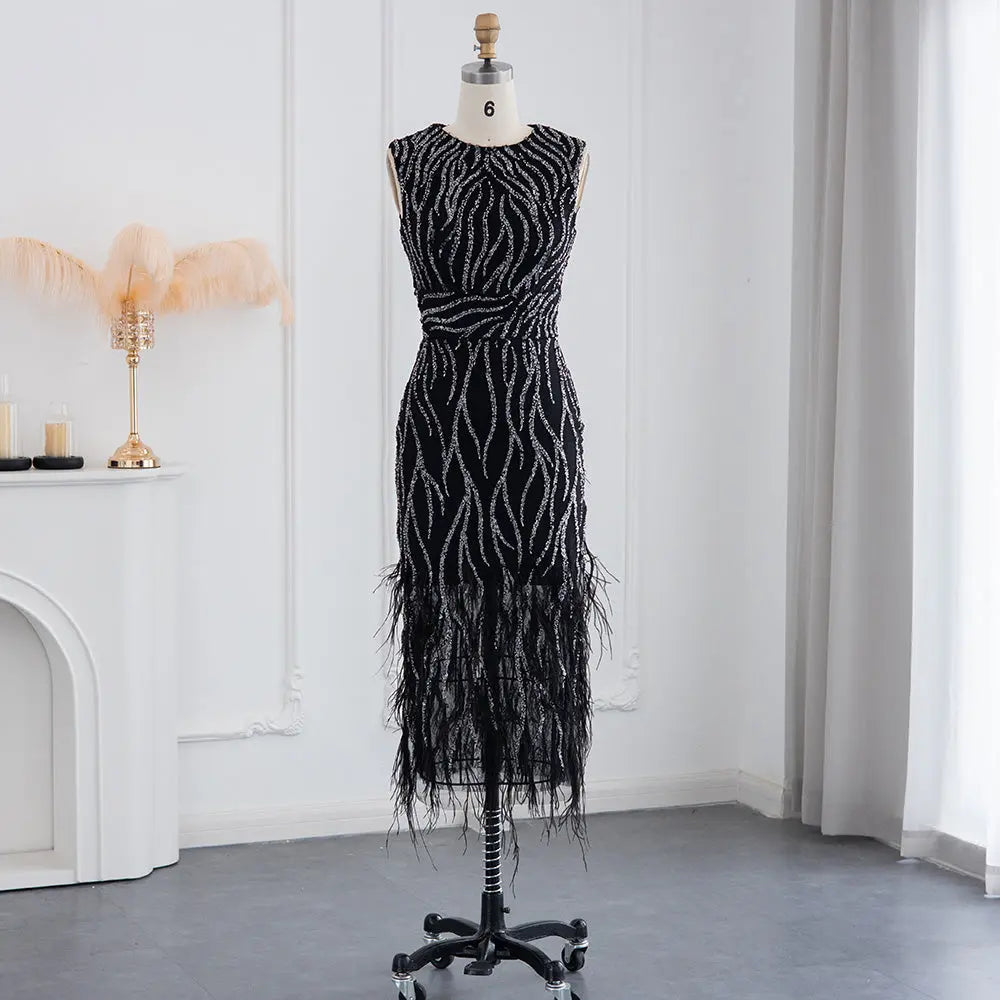 knee length dresses for ladies Final Sale Light Blue Lace Feathers Beading Evening Dress SS499