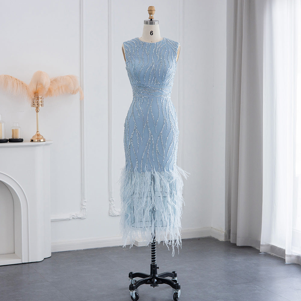 Dreamy Vow Elegant Light Blue Lace Midi Evening Dress with Feathers Beading Women Black Formal Dresses for Wedding Party 499