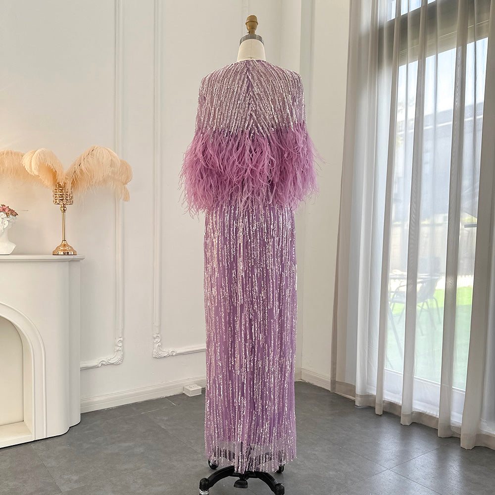 Dreamy Vow Light Yellow Luxury Dubai Feathers Evening Dresses for Women Wedding Party Arabic Purple Formal Prom Gowns 430