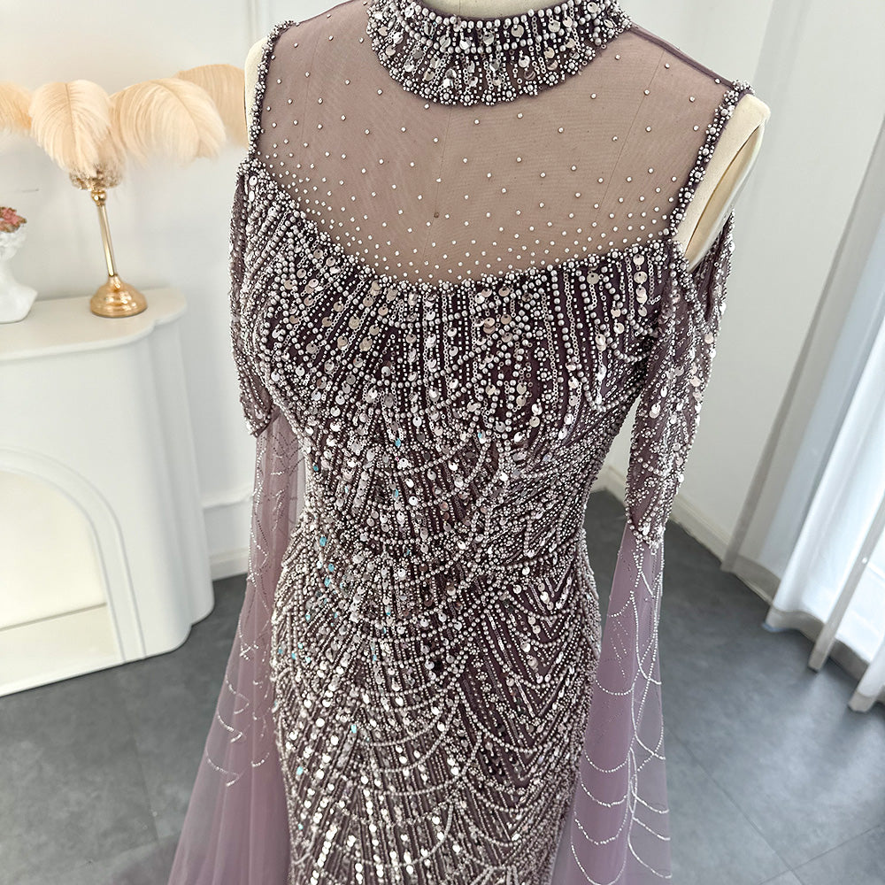 Dreamy Vow Sage Green Mermaid Luxury Dubai Evening Dress with Cape Sleeves Elegant Women Purple Wedding Formal Party Gown 205