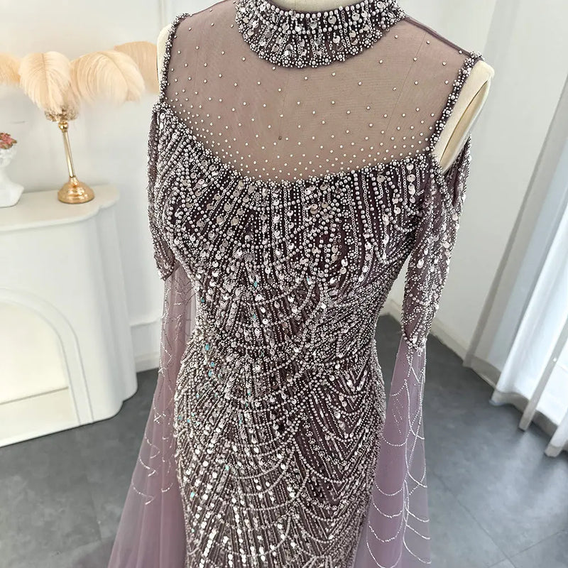 Dreamy Vow Sage Green Mermaid Luxury Dubai Evening Dress with Cape Sleeves Elegant Women Purple Wedding Formal Party Gown 205