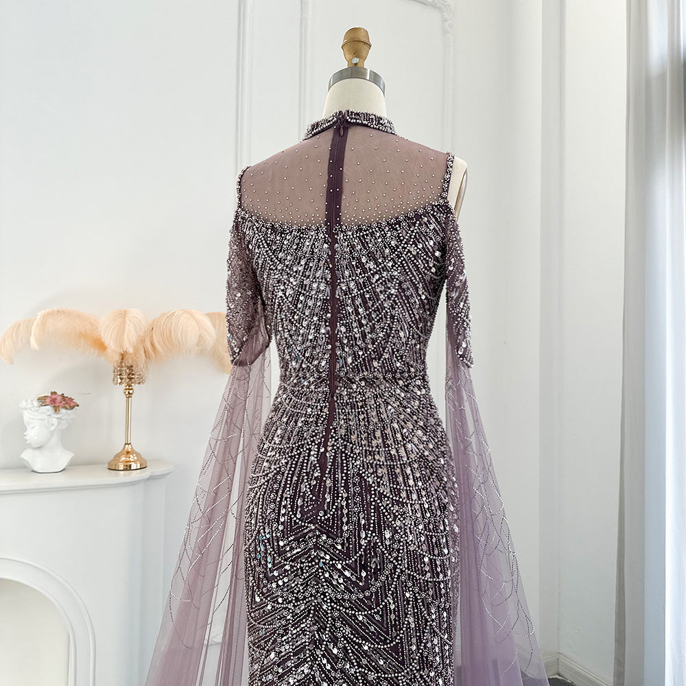 Dreamy Vow Sage Green Mermaid Luxury Dubai Evening Dress with Cape Sleeves Elegant Women Purple Wedding Formal Party Gown 205
