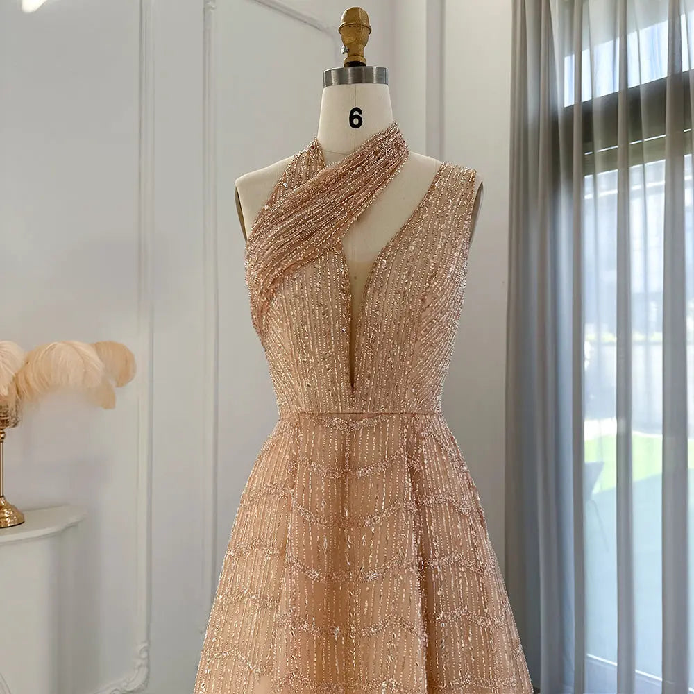 Luxury Beaded Lilac Halter One Shoulder Evening Dress SS329