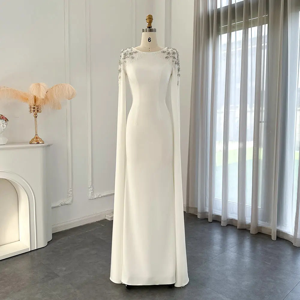 Elegant White Mermaid Evening Dress with Cape Sleeves SF280
