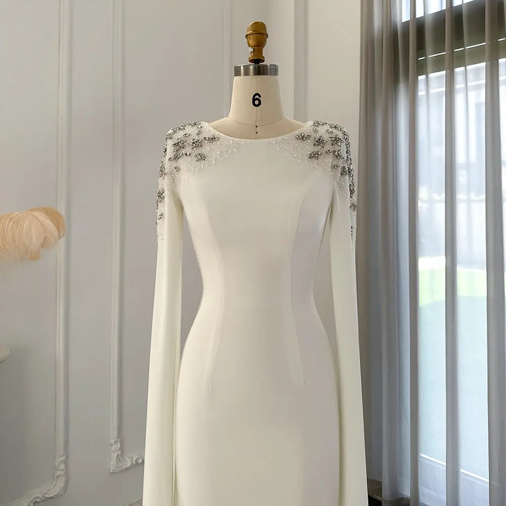 DreamyVow Elegant White Mermaid Dubai Evening Dress for Women Wedding Party Cape Sleeves Muslim Long Formal Dresses 200