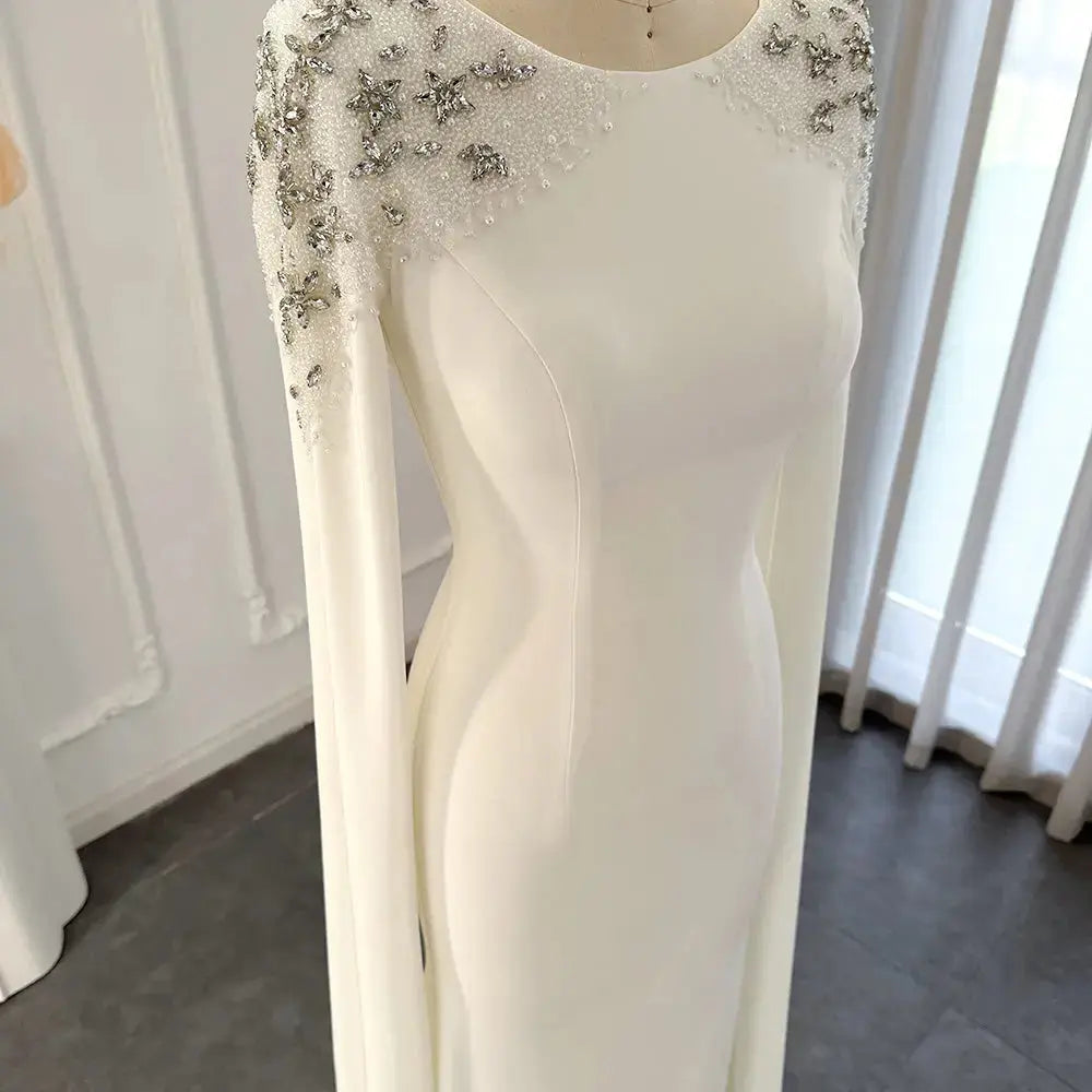DreamyVow Elegant White Mermaid Dubai Evening Dress for Women Wedding Party Cape Sleeves Muslim Long Formal Dresses 200