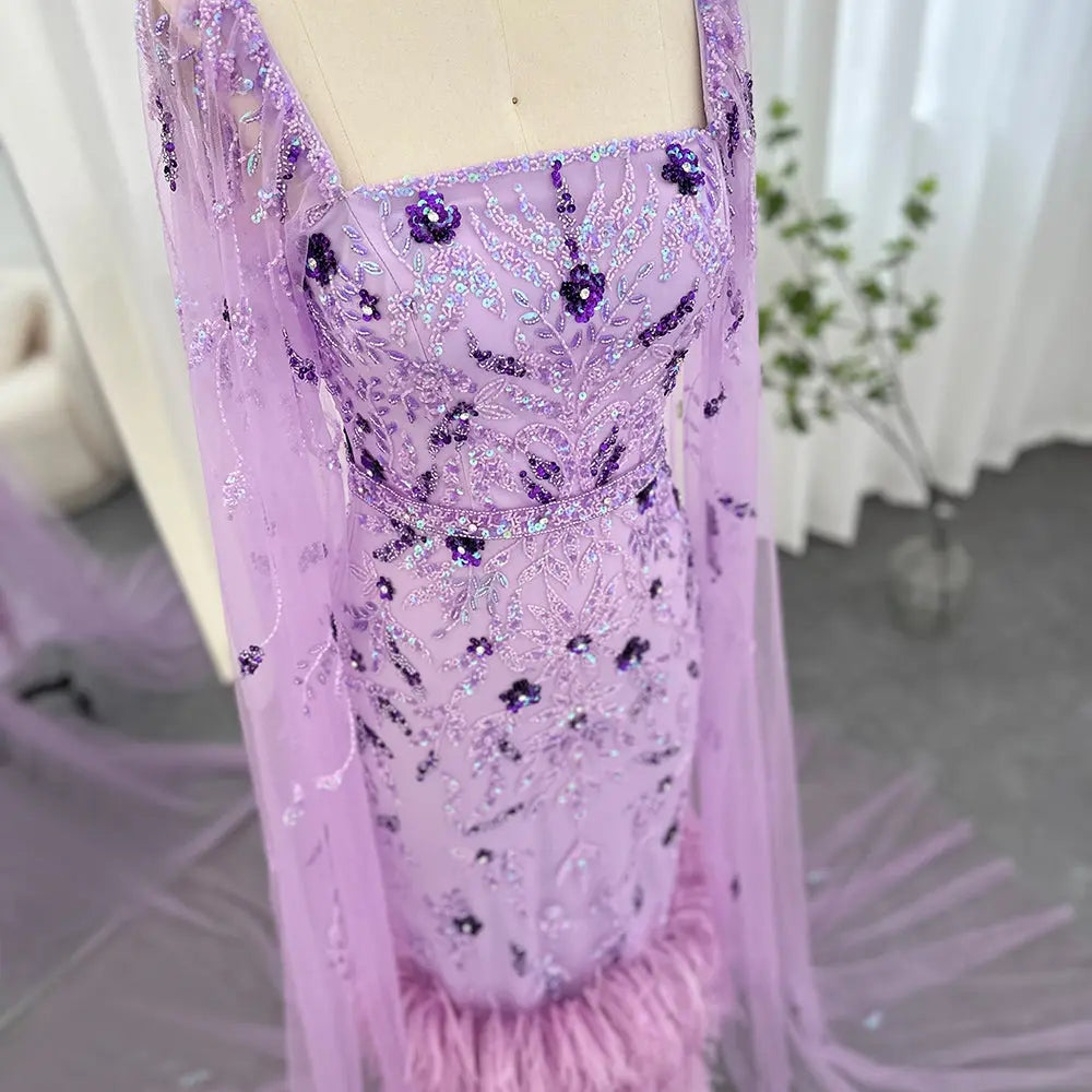Dreamy Vow Dubai Luxury Feathers Lilac Evening Dress with Cape Sleeves Ankle Length Midi Arabic Women Wedding Party Gowns 381
