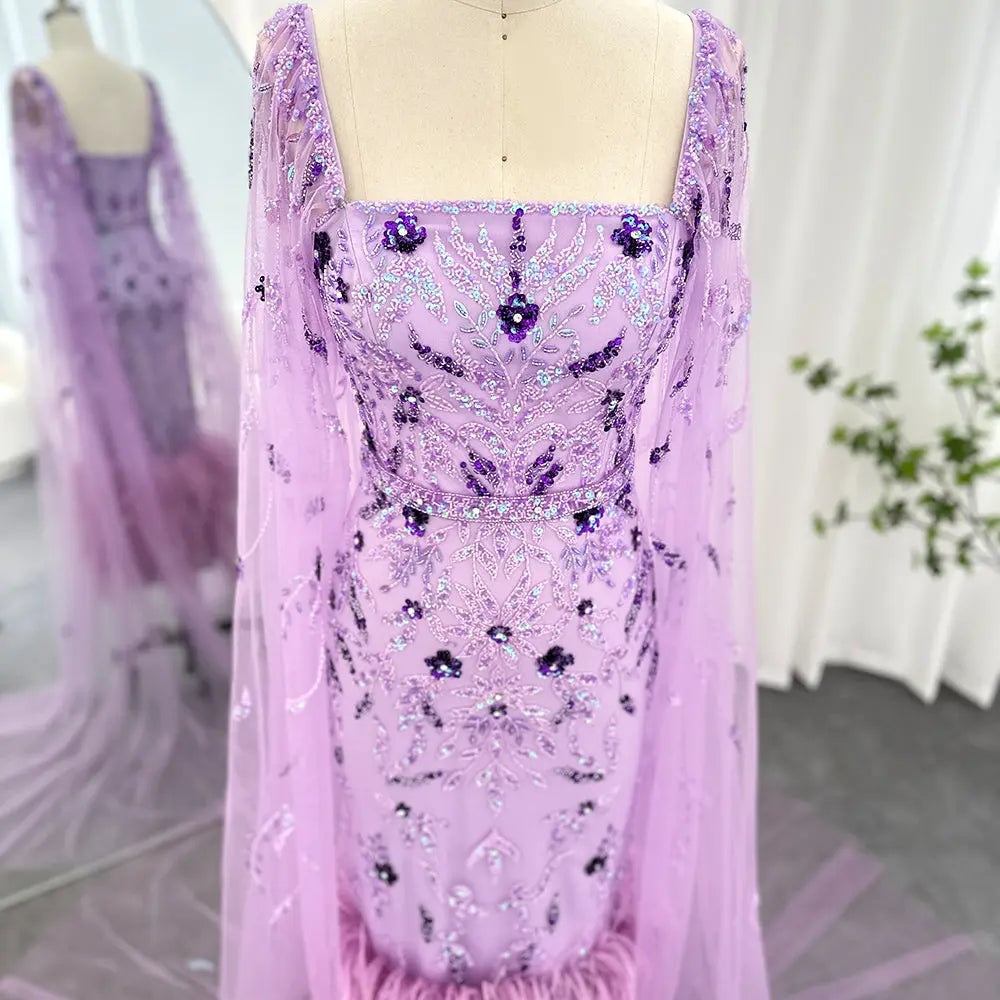 Dreamy Vow Dubai Luxury Feathers Lilac Evening Dress with Cape Sleeves Ankle Length Midi Arabic Women Wedding Party Gowns 381