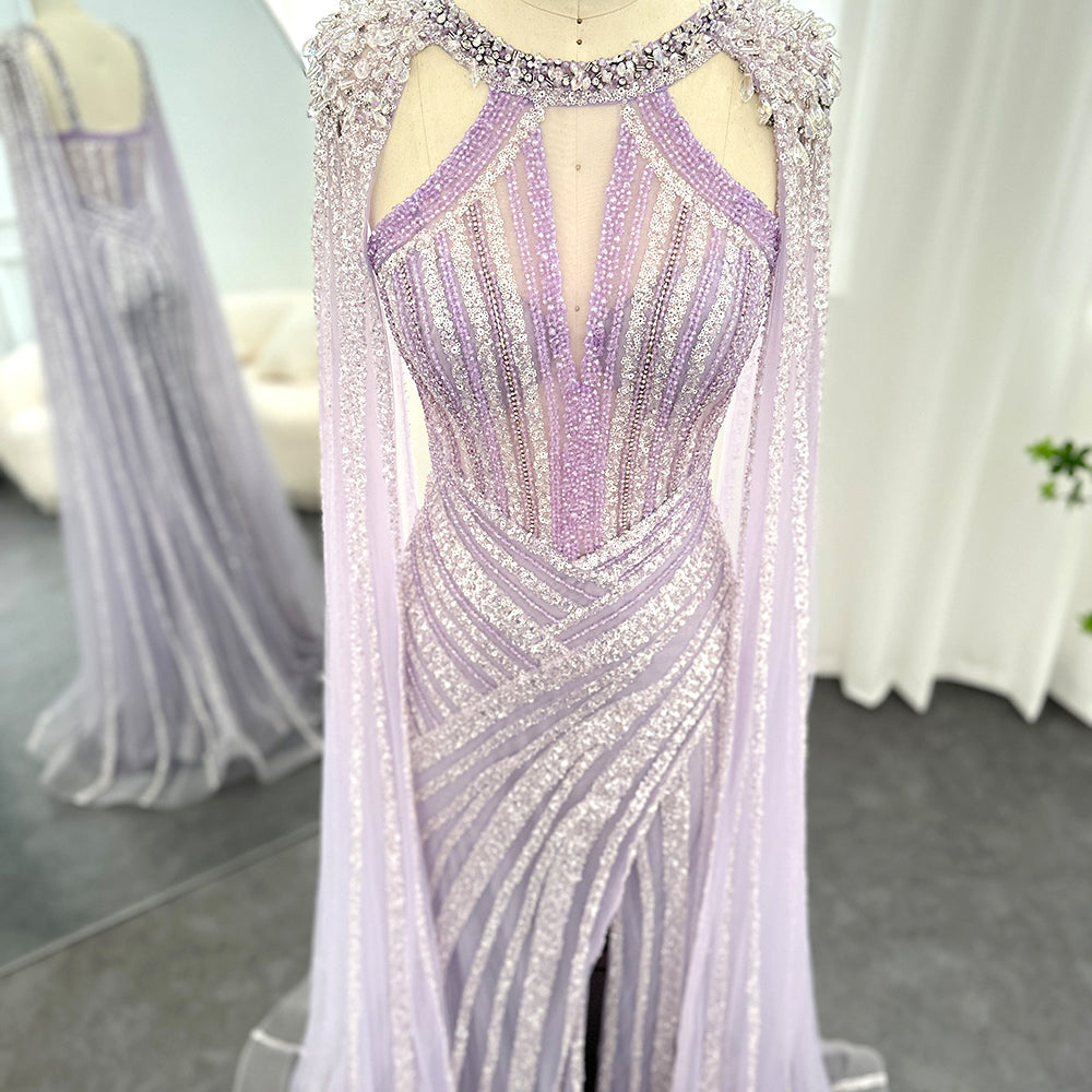 Dreamy Vow Luxury Crystal Dubai Yellow Evening Dress with Cape Sleeves 2023 Lilac Arabic Mermaid Women Wedding Party Gown 203