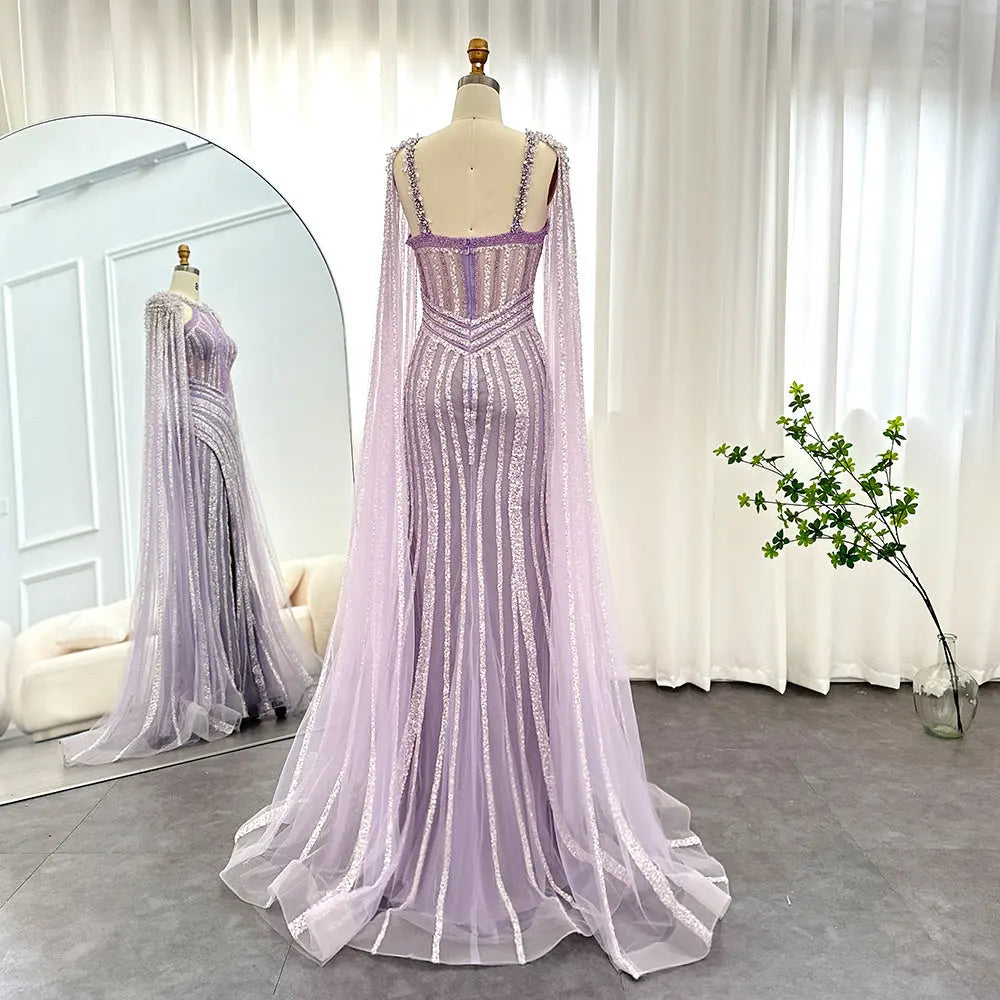 Luxury Crystal Lilac Evening Dress with Cape Sleeves SS203 - SHARONSAID Luxury Crystal Lilac Evening Dress with Cape Sleeves SS203 - SHARONSAID