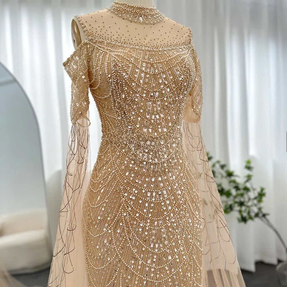 Luxury Sage Green Evening Dress with Cape Sleeves SS205 - SHARONSAID