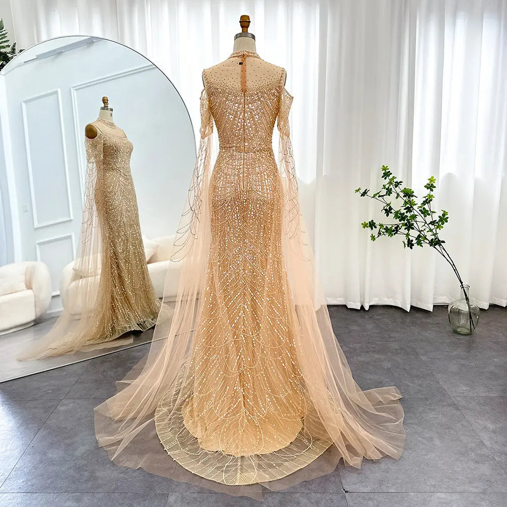 Luxury Sage Green Evening Dress with Cape Sleeves SS205 – SHARONSAID