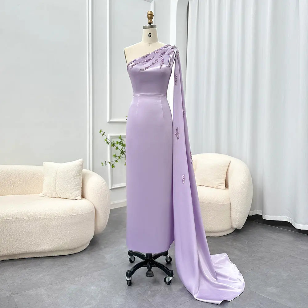 Arabic One Shoulder Lilac Evening Dresses with Cape SF545 - SHARONSAID Arabic One Shoulder Lilac Evening Dresses with Cape SF545 - SHARONSAID