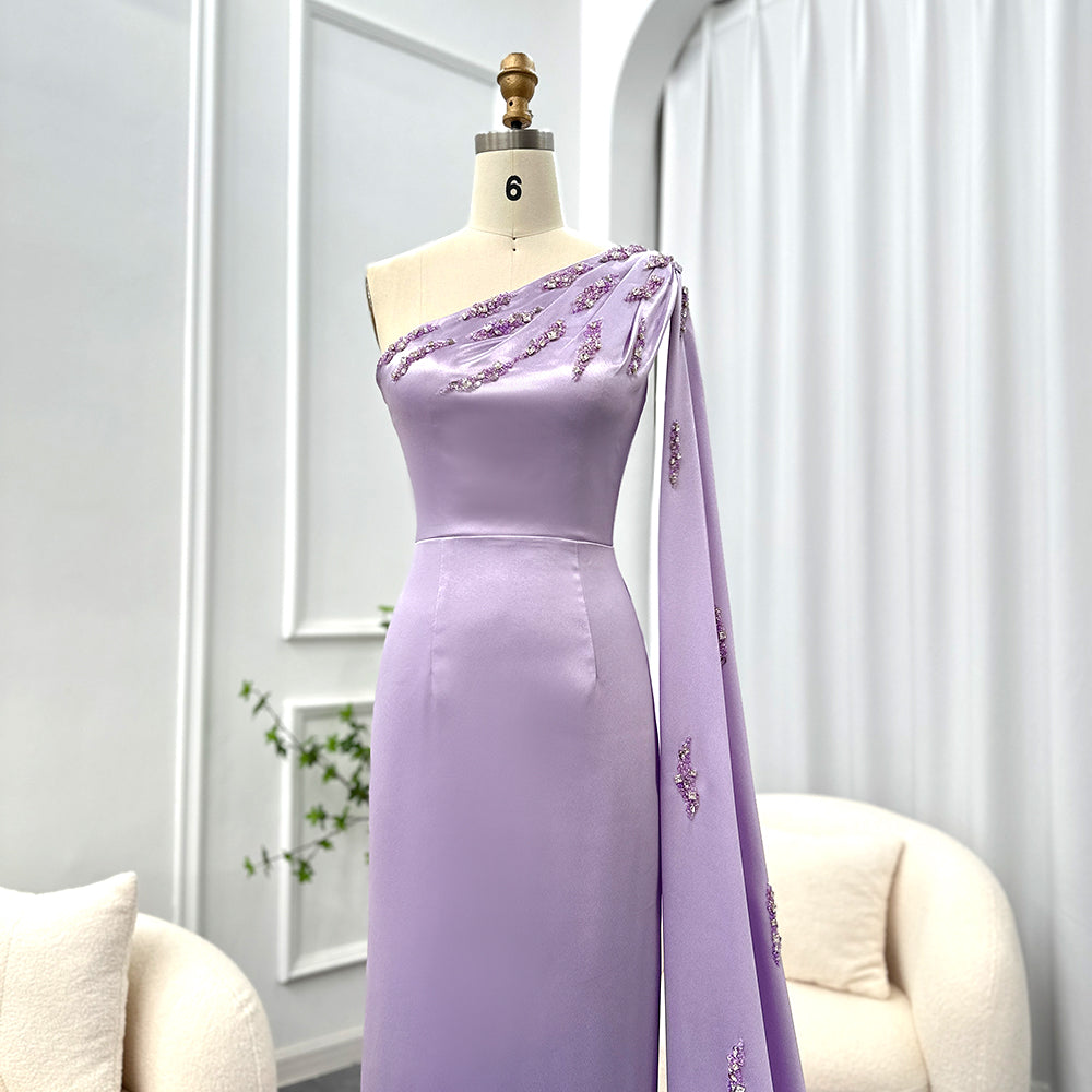 Dreamy Vow Arabic One Shoulder Lilac Dubai Evening Dresses with Cape Elegant Ankle Length Women Wedding Guest Party Gowns 273