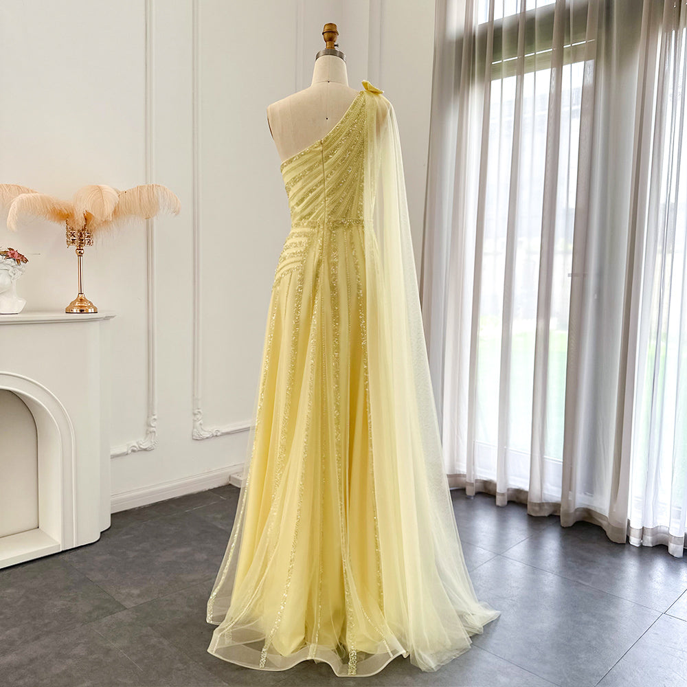 Dreamy Vow Yellow One Shoulder Luxury Dubai Evening Dress with Cape Side Slit Arabic Formal Prom Gowns for Wedding Party 326