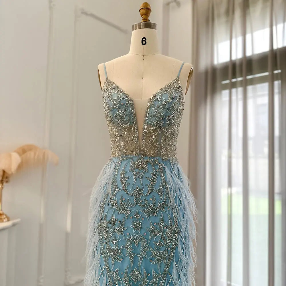 Dreamy Vow Luxury Feathers Mermaid Champagne Evening Dresses for Women Wedding 2023 Spaghetti Straps Prom Formal Gowns 374