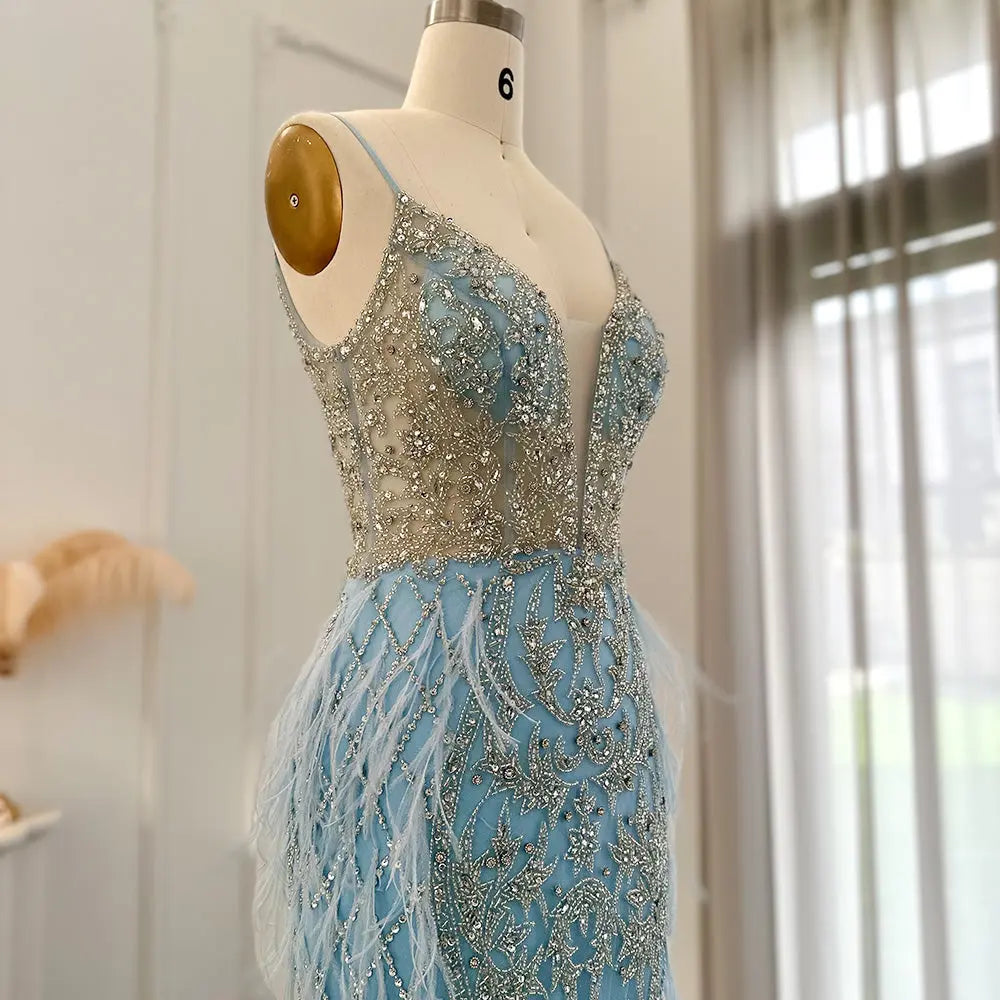 Final Sale Luxury Feathers Champagne Spaghetti Evening Dress SS374