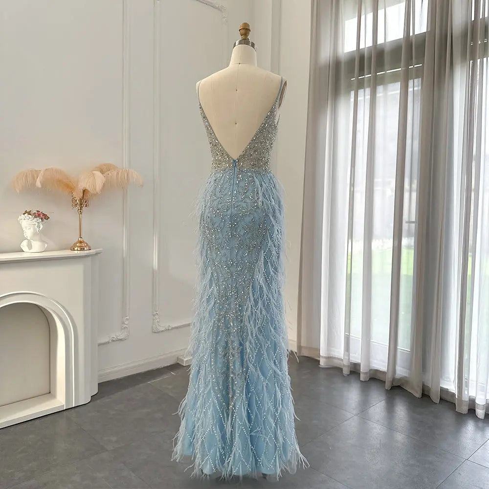 Dreamy Vow Luxury Feathers Mermaid Champagne Evening Dresses for Women Wedding 2023 Spaghetti Straps Prom Formal Gowns 374