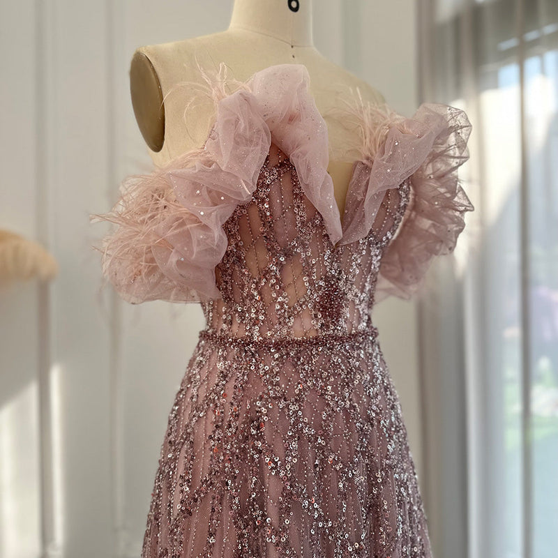 Dreamy Vow Luxury Feathers Green Dubai Evening Dresses 2023 Elegant Off Shoulder Long Formal Dress for Women Wedding Party 303