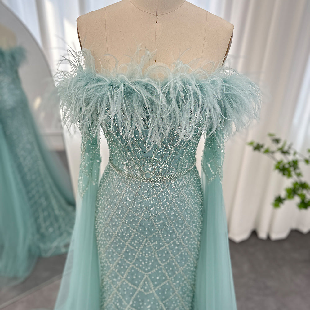 Dreamy Vow Luxury Feather Turquoise Dubai Evening Dress with Cape Sleeves Lilac Arabic Women Wedding Party Prom Gown 261