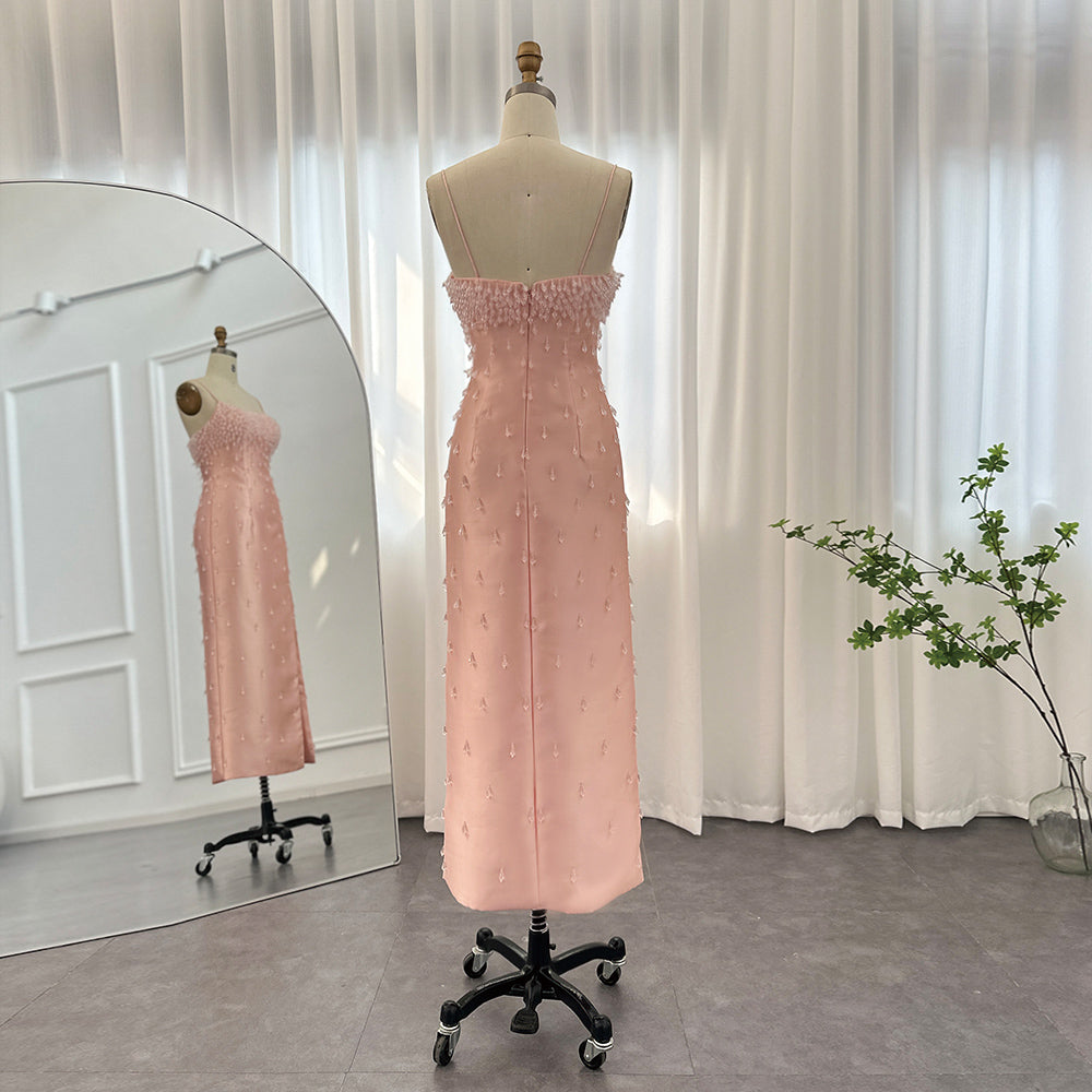 Dreamy Vow Navy Blue Spaghetti Straps Midi Evening Dress 2023 Luxury Dubai Beige Pink Arabic Women Wedding Party Gown 315