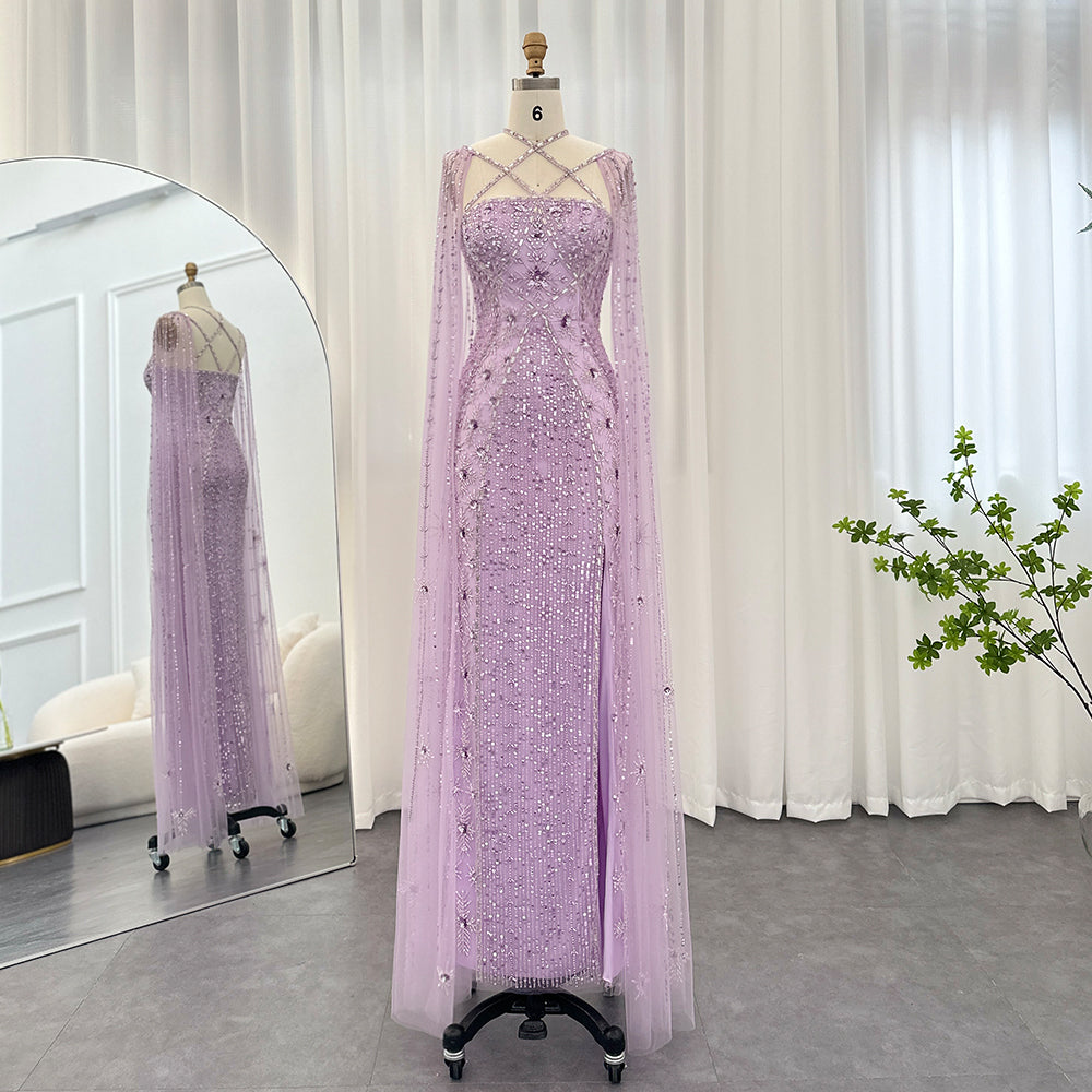 Dreamy Vow Luxury Aqua Lilac Mermaid Evening Dress with Cape Sleeves Criss Cross Women Wedding Party Gowns 391