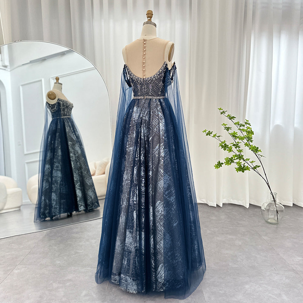 Dreamy Vow Luxury Dubai Blue Evening Dress with Cape Sleeves Elegant Arabic Women Prom Formal Dresses for Wedding Party 300
