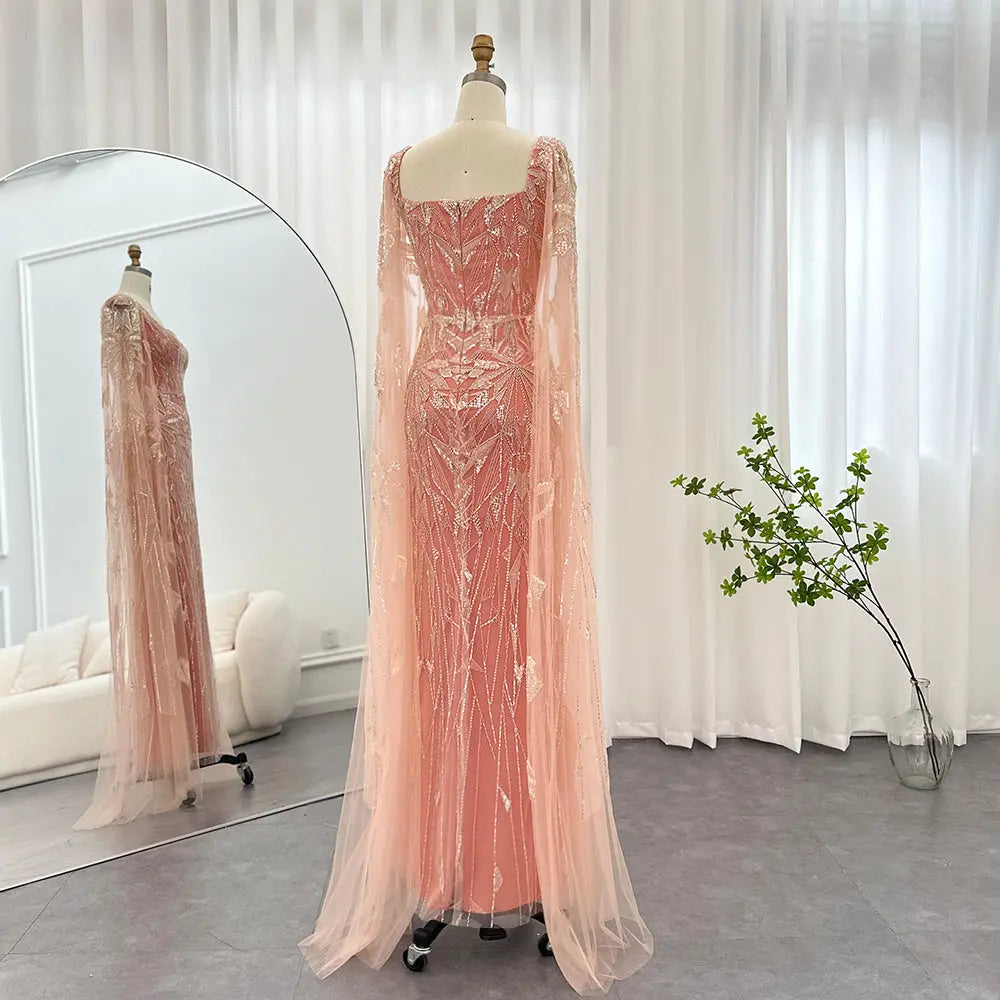 Final Sale Luxury Pink Square Neck Evening Dress with Cape Sleeves SS497 Final Sale Luxury Pink Square Neck Evening Dress with Cape Sleeves SS497