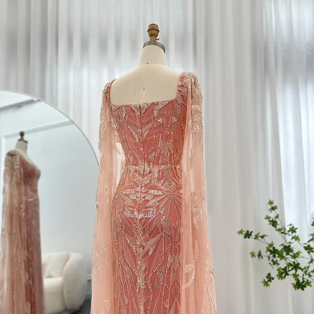 Final Sale Luxury Pink Square Neck Evening Dress with Cape Sleeves SS497 Final Sale Luxury Pink Square Neck Evening Dress with Cape Sleeves SS497