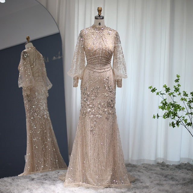 Dreamy Vow Luxury Dubai Mermaid Evening Dresses Long Sleeve Elegant High Neck Arabic Prom Formal Dress for Women Wedding Bridal Party 423