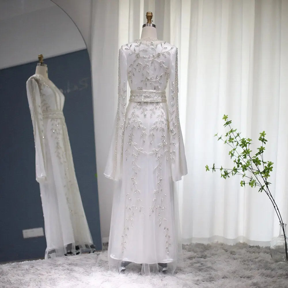 Luxury Moroccan Kaftan Ivory Long Sleeve Evening Dress SS439