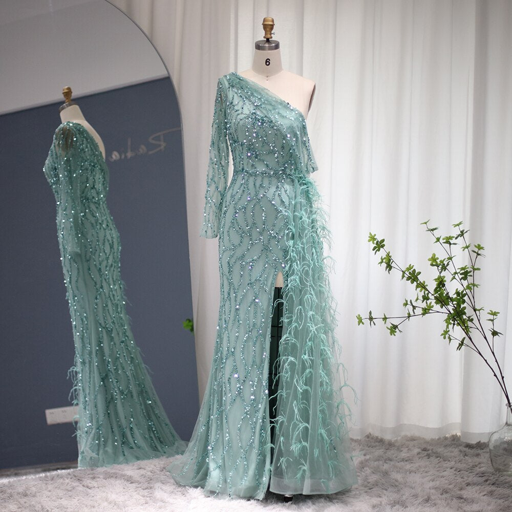 Dreamy Vow Luxury Feathers Mint Green Mermaid Evening Dress with Overskirt Pink One Shoulder High Slit Prom Dresses for Wedding Party 046