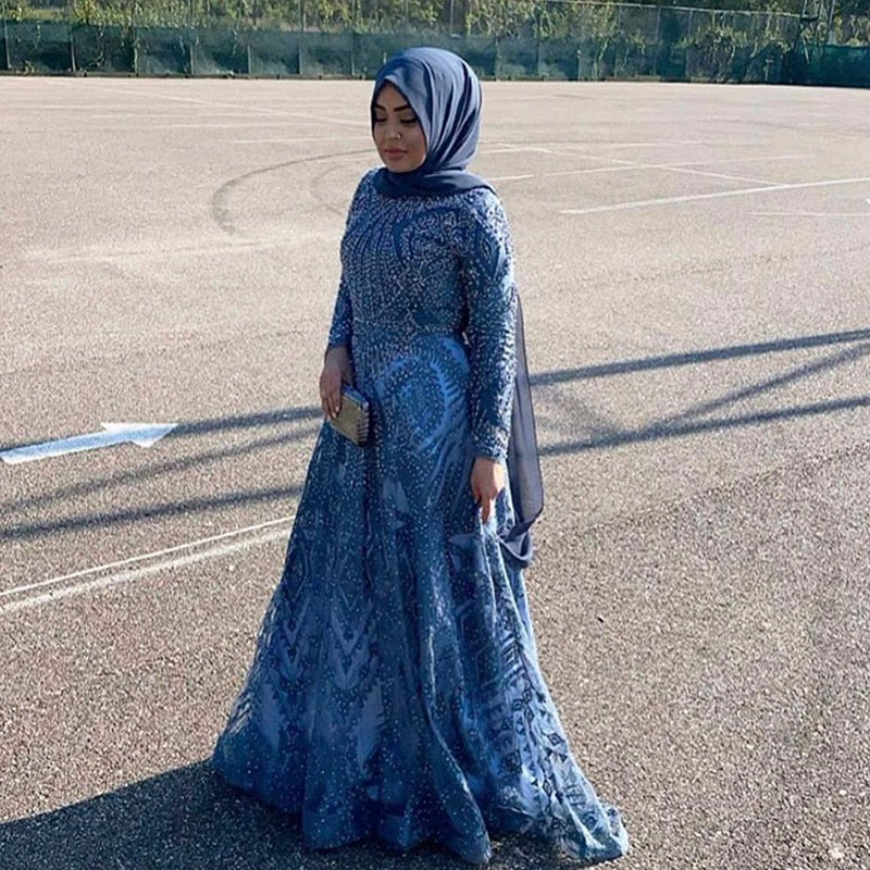Dreamy Vow Navy Blue Long Sleeve Dubai Evening Dress Muslim Women Arabic Formal Dresses Plus Size Moroccan Kaftan Long Prom Party Gown 63