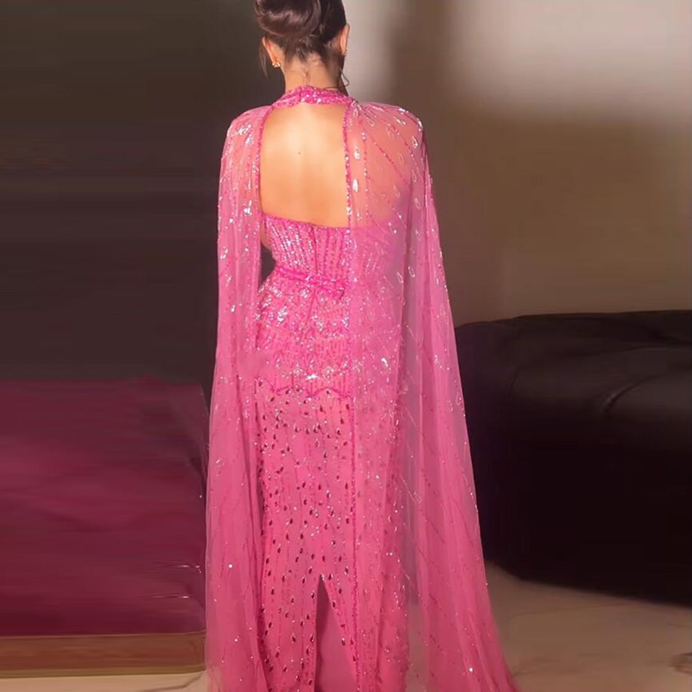 DreamyVow Luxury Dubai Mermaid Pink Evening Dresses with Cape Sleeves 2023 Arabic Women Wedding Guest Formal Party Gowns 361