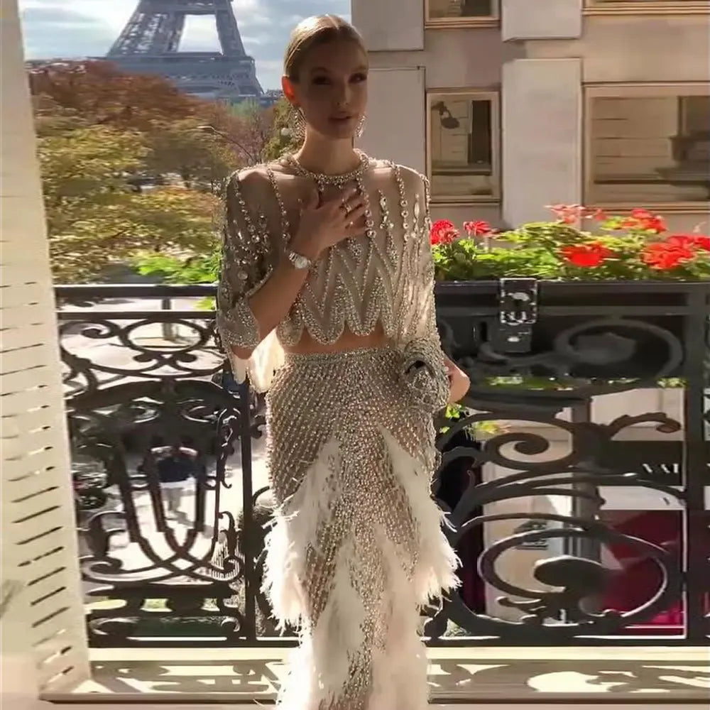 DreamyVow Luxury Dubai White Feathers Two Pieces Evening Dresses for Women Wedding Beaded Midi Short Prom Party Gowns 363